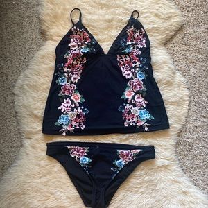 Lucky Brand Black Floral Swim Tankini and Bottoms
